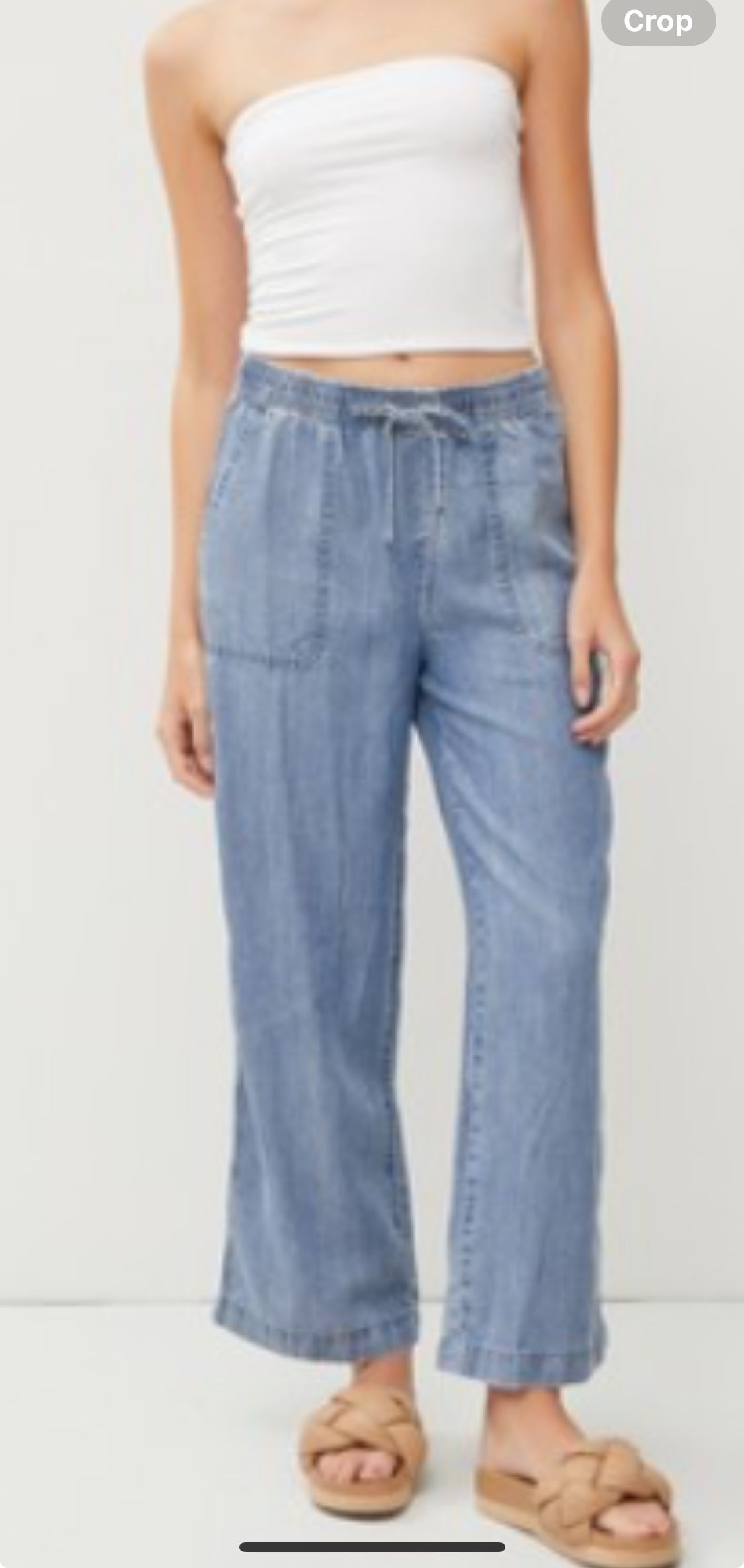 DENIM WASH DRAWSTRING WIDE LEG PANTS