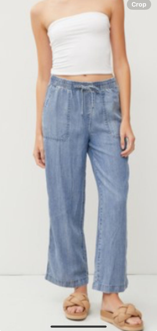 DENIM WASH DRAWSTRING WIDE LEG PANTS