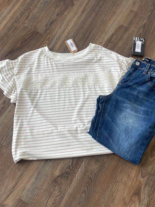 Tan Stripe Lace Tee