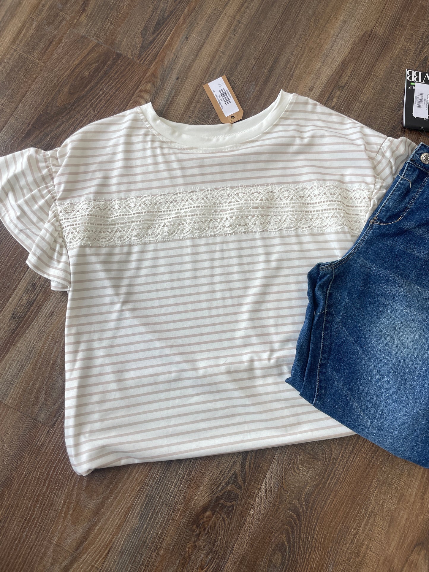 Tan Stripe Lace Tee