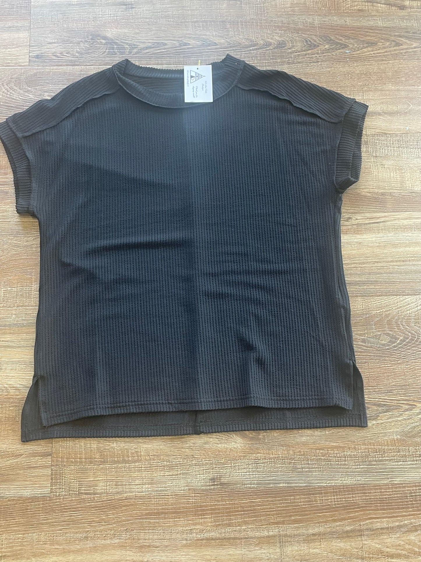 Black Textured Knit Exposed Stitching T-shirt