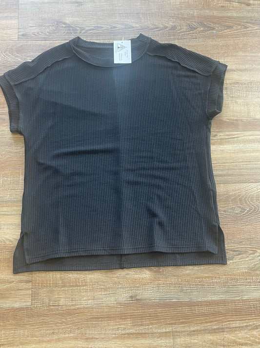 Black Textured Knit Exposed Stitching T-shirt